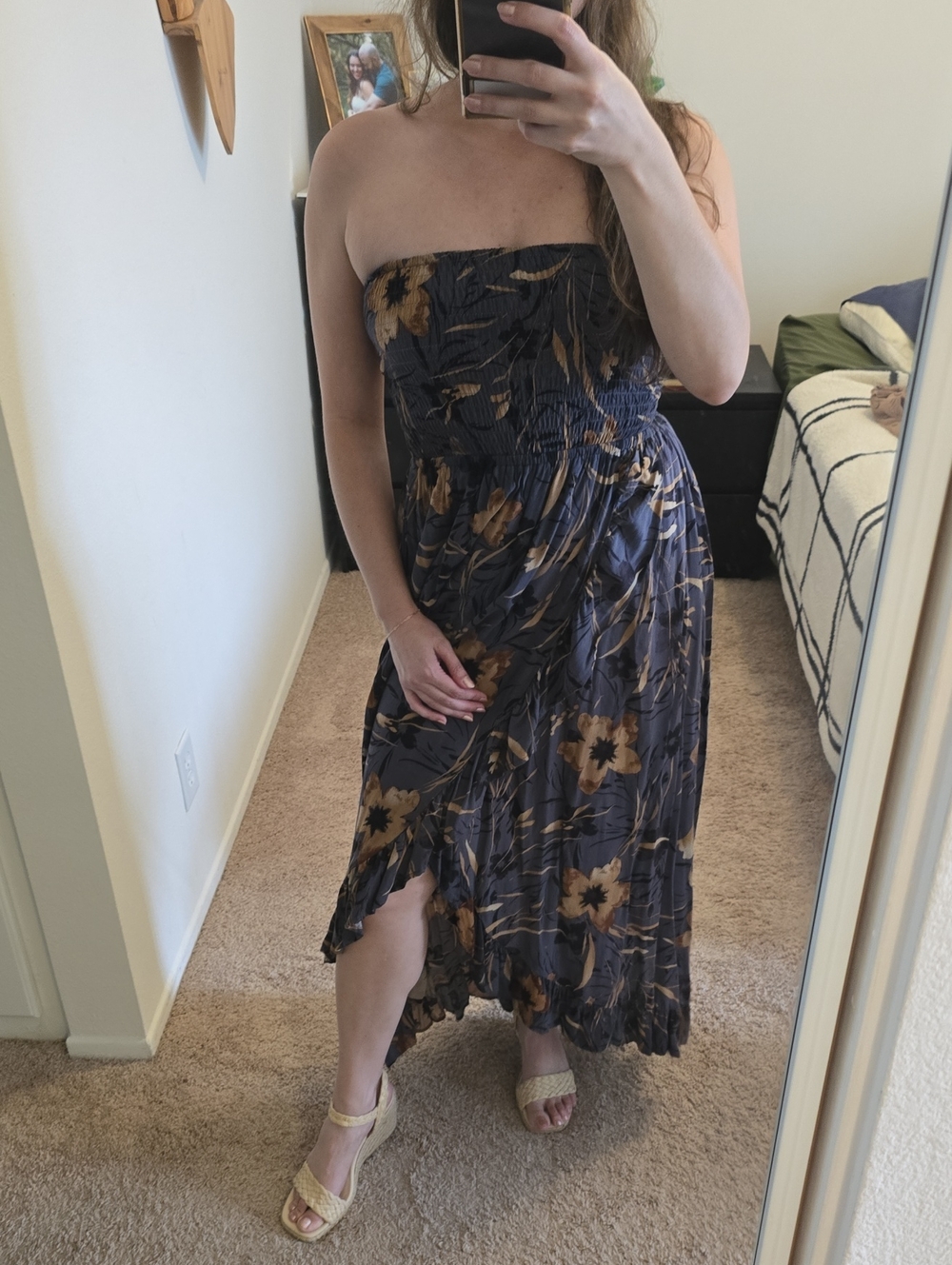 Skylar + Madison Navy Strapless Floral Midi Dress with Mustard Blooms